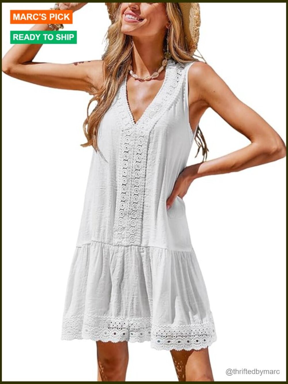 Lace Trim Sleeveless V-Neck Swimsuit Cover Up Dress Beach Coverup Ruffle Mini